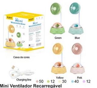 Mini Ventilador Recarregável Yellow 30 Pink • 40 • 12 • Potência: 3W •Tamanho:8.7x8.7x13.4cm • Bateria: 400 mAh •Com LED • Cabo USB BMF1087