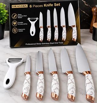 Conjunto de 7 Facas de Cozinha em Aço Inoxidável, Branco Mármore