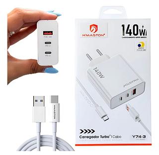 Carregador Turbo140w + Cabo Tipo-c Com 3 Saídas H'maston Y743