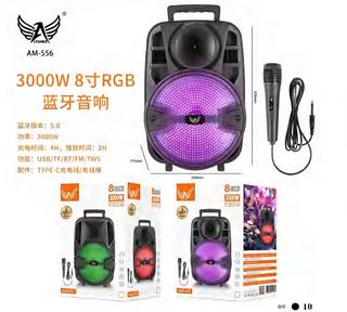 Caixa de som . Possui microfone RGB Potência: 3000W Tempo de reprodução: 2 horas AM556