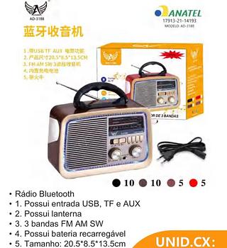 Rádio FM AM com bluetooth cartão memória USB AD3188