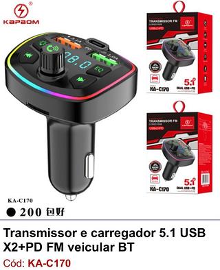 Transmissor e carregador 5.1 USB X2 PD Bluetooth KAC170