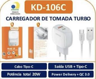 CARREGADOR DE TOMADA TURBO USB + Tipo-C KD106TC