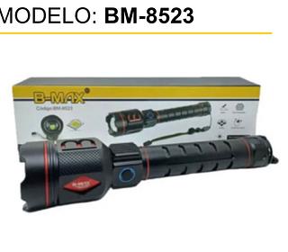 Tamanho: 26×5,5cm • LED laser branco • Recarregável com cabo USB • 7 modos de funcionamentos + com zoom • Alcança mais de 2000m BM8523