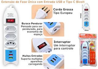 Extensão de Fase Única com Entrada USB e Tipo C Bivolt MMBZ8203PD
