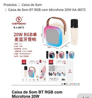 Caixa de Som BT RGB com Microfone 20W KA-8072 Com 60pcs